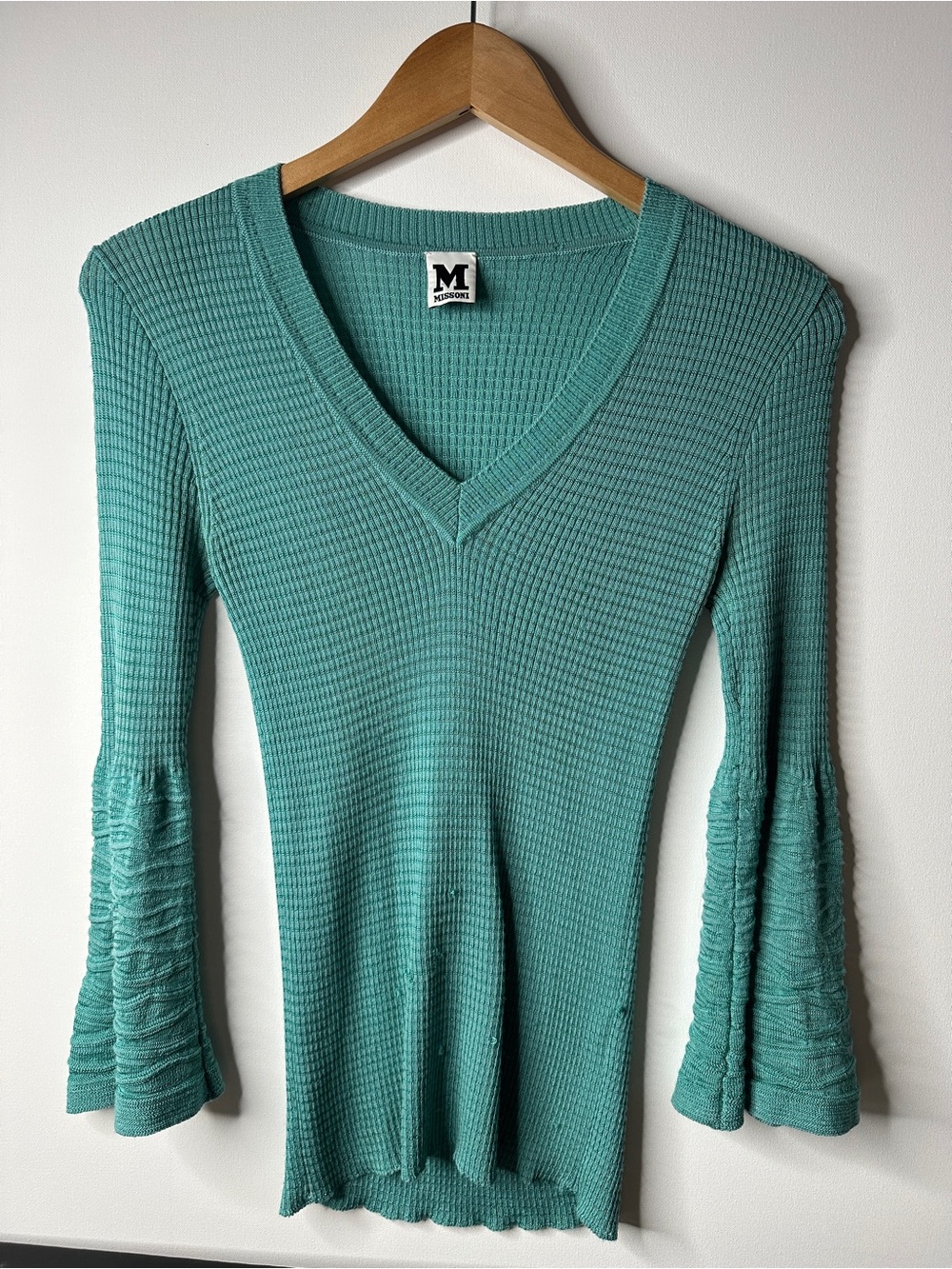 M Missoni V-Neck Bell Sleeve Ribbed Knit Top in Teal
